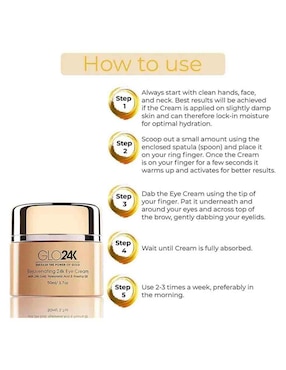 Crema para ojos recomendada para prevenir signos de la edad de noche Glo24K para todo tipo piel