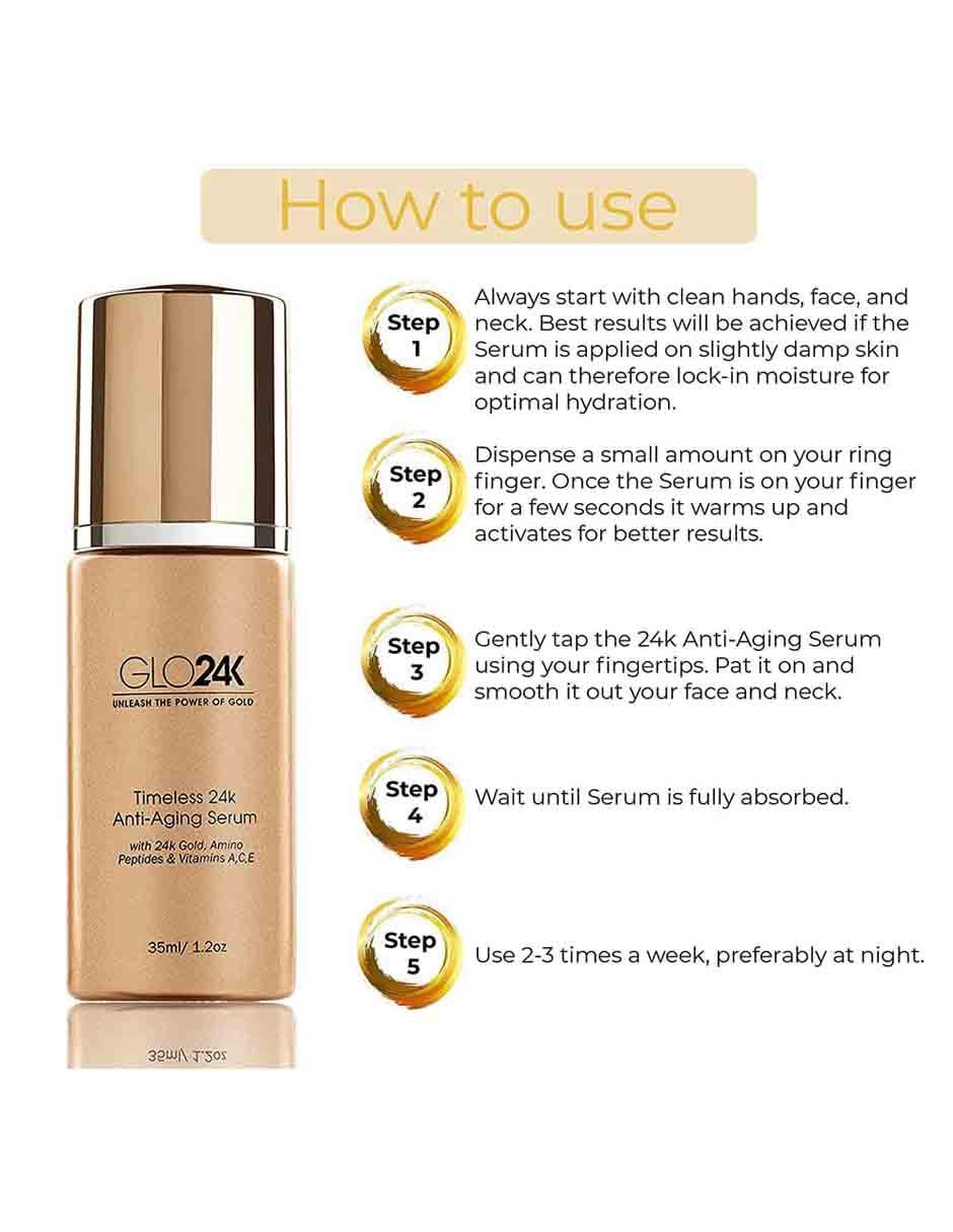 Tratamiento para rostro Suero Antienvejecimiento con Oro Glo24K exfoliante 5