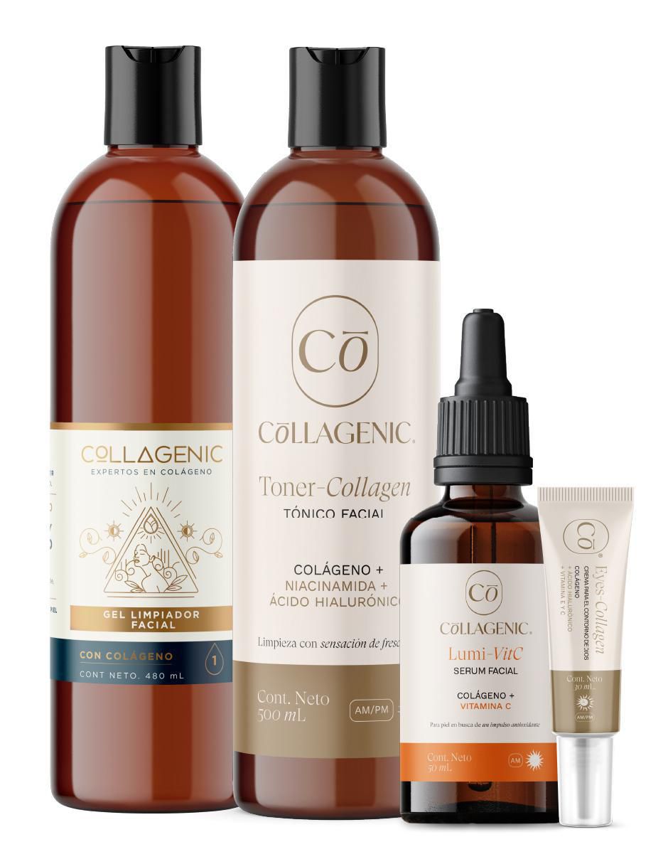 Kit tratamiento facial Set facial : serum + gel limpiador + tonico + contorno de ojos antiedad Collagenic