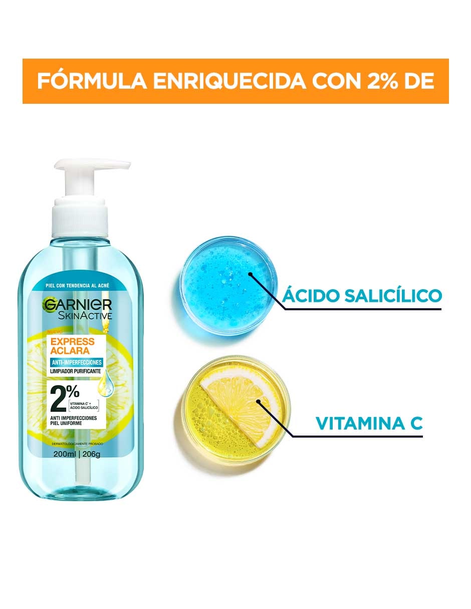 Limpiador facial Express Aclara Gel de Limpieza Anti Acne 200ml Garnier EXPRESS ACLARA ANTI ACNE para purificar 5